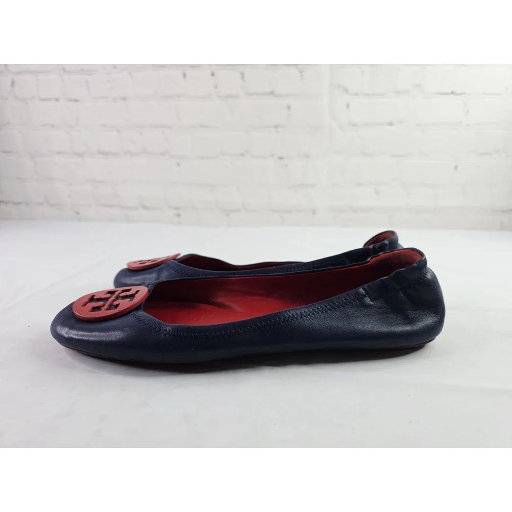 Tory Burch Minnie Travel Ballet Flats Navy Napa leather/ Nantucket Red Size 9.5 - Picture 3 of 7